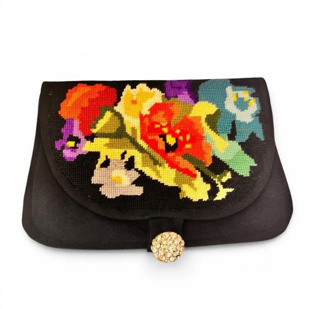 Vintage Bright Colorful Floral Needlepoint Rhinestone Clutch